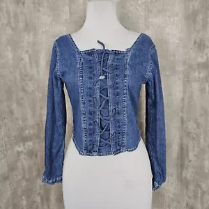Jeanswear vintage anni 90 finalmente donna L denim stringato davanti L/S top orlo tondo - Foto 1 di 6