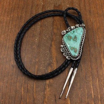 Большой галстук-боло из стерлингового серебра с треугольной бирюзой и камнем - Изображение 1 из 4