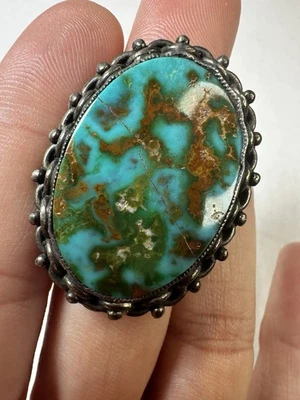 Sterling Silver Ring Turquoise Flat Top Oval Large Statement Size 7 Southwest - Image 1 of 4