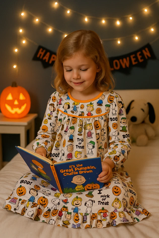 花生万圣节睡衣史努比诡计或治疗睡衣儿童尺寸 2T & 女孩 8 — 第 1/4 张图片