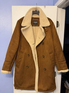 GUESS Mens Double Breasted Faux Shearling Overcoat Brown Medium - Picture 1 of 11