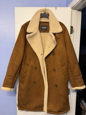 GUESS Mens Double Breasted Faux Shearling Overcoat Brown Medium - Image 1 of 4