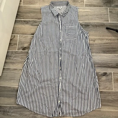 Vestido camisa sem mangas listrado branco azul marinho antigo XL costeiro náutico Preppy - Imagem 1 de 4