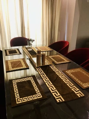 Special XMas Velvet Table Runner Greek 8pc Placemats Velvet-Gold key - Image 1 of 4