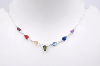 4.50 GM 925 Argento Sterling Naturale Multi Gemma Chakra Collana Misura 50.8cm - Immagine 1 di 4