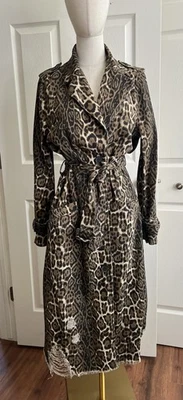 WALKER ROSE Women's Leopard Print Distressed Denim Belted Long Trench Coat Sz M - Image 1 of 4