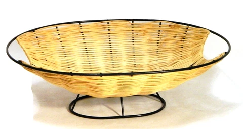 Footed Basket Bowl Wicker Metal Oval Black Wire Frame MCM Cover
