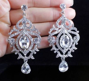CLEAR AUSTRIAN CRYSTAL RHINESTONE CHANDELIER DANGLE EARRINGS STUD SILVER E2071S - Picture 1 of 2