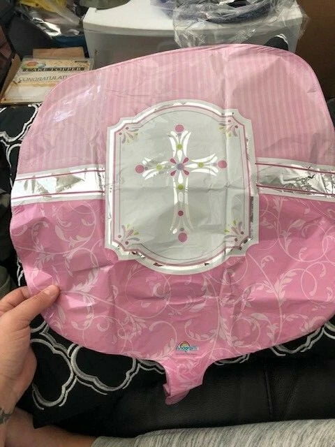 Pink + Silver Cross Balloon 17" Foil Baptism Christening Communion Decorations - Image 1 of 1