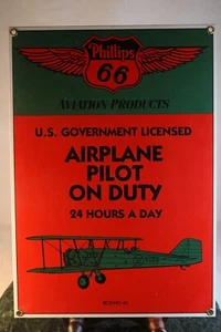 PHILLIPS 66 AVIATION US GOV'T AIRPLANE PILOT ON DUTY BOEING 40 PORCELAIN SIGN - Picture 1 of 5
