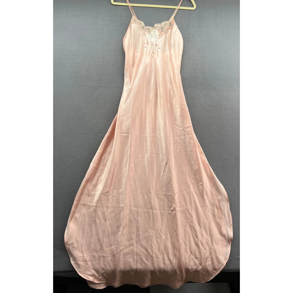 De Colección Camisón de Seda y Satén Mediano Largo Floral Bordado Encaje Rosa Vestido sin Mangas Foto 1 de 4