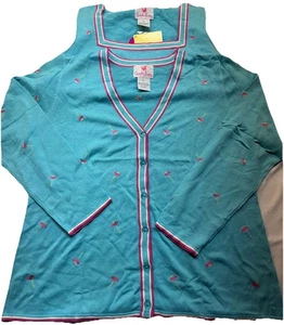 2p Set Quacker Factory Cardigan Sweater Floral Embroidered XL Aqua/Pink VTG NWT - Picture 1 of 19