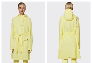 Rains Jacket Curve W Womens L Straw Yellow Snap Button Pockets Hooded Belted NEW - Picture 1 of 11