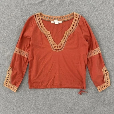 Monoreno Blouse Womens Medium Orange Crochet Lace Trim Boho Peasant Top V Neck - Image 1 of 4