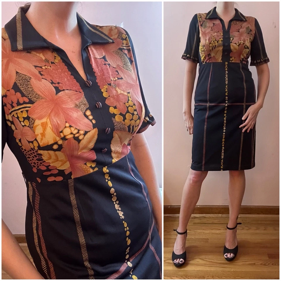 Vintage Años 70 Negro Óxido Naranja Camisa Vaina Vestido S M Foto 1 de 4
