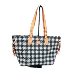 Dooney & Bourke Buffalo Plaid Shoulder Tote Bag Black & White Braided Straps Euc - Picture 1 of 12