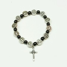 St Benedict Medal Cross Hematite Beads Bracelet-Blessed by Pope on request-ITALY