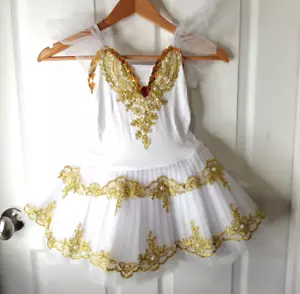 AFAVOM Ballet Dress TuTu Costume 9-10 Years, White & Gold Jeweled - Picture 1 of 7