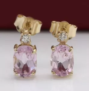 2.56 Carat Natural Pink Kunzite & Diamond in 14K Solid Yellow Gold Stud Earrings - Picture 1 of 4
