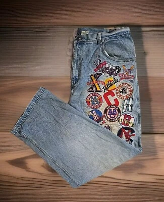 Jeans estilo JNCO vintage para hombre RARO tocado liga negra béisbol todo equipo 42 Foto 1 de 4