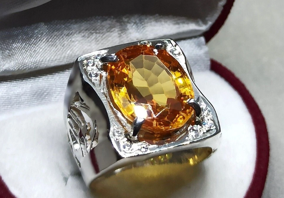 15 Carat Oval Cut Yellow Citrine Sterling Silver 925 Handmade Citrine Mens Ring - Image 1 of 4
