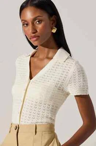 ASTR The Label Women's Off White Pearl Polo Pointelle Sweater Button Up Sz L NWT - Picture 1 of 8