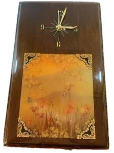 Wood Clock Decor Lacquered Flowers scene Cabin Orange Mountains MCM - Picture 1 of 7
