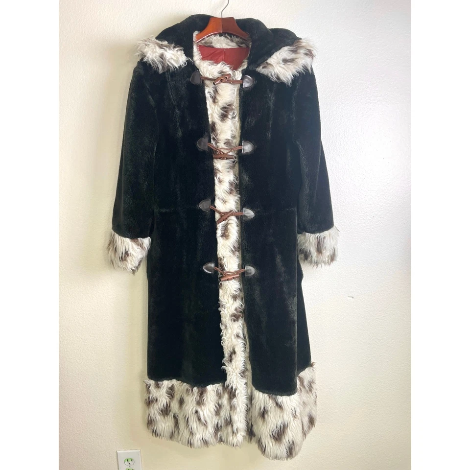 Vintage 70s Womans Coat Sz M Penny Lane Boho Long Hooded Faux Fur Hippie Parka  - Image 1 of 4