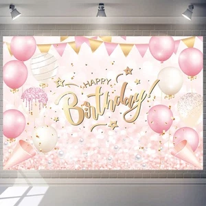 Pink and Rose Gold Happy Birthday Backdrop Banner for Women Girls Party Decor... - Picture 1 of 8