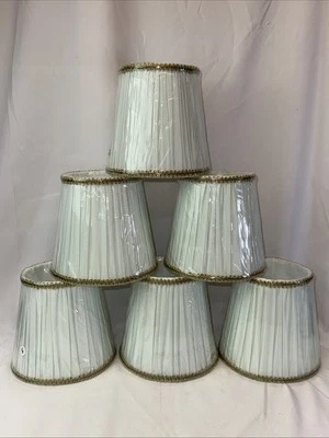Linen Barrel Lamp/Chandelier Shades W/ Gold Lace Trim 6 x 6 x 4.5  Lot Of 6 - Image 1 of 4