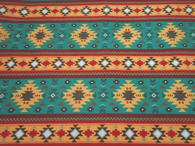 Southwest Fabric 1 1/8 Yard Aqua Tan Dk Red Black Tribal Design Premium Cotton - Image 1 of 2
