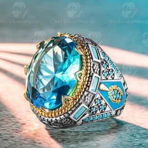 925 Sterling Silver Aquamarine Stone Ottoman Turkish Handmade Men's Ring - Picture 1 of 4