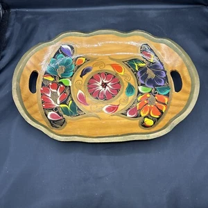Folk Art Mexican Batea Hand Carved Tole Painted Wood Bowl 13” Floral Handles VTG - Picture 1 of 8