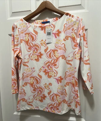 NUEVO CON ETIQUETAS J McLaughlin Catalina Top de Tela L Estampado de Canto de Onda Cuello Barco Coral Manga 3/4 Foto 1 de 4