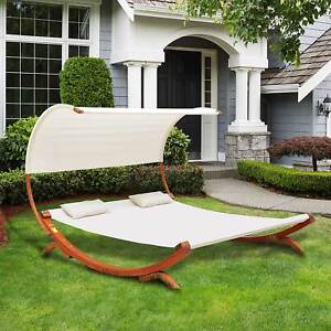 Garden Wooden Double Hammock Bed Sun Lounger Outdoor Canopy Shelter Cream White