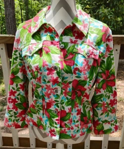 Liz Claiborne Denim Jacket Womens Size Large Pink And Green Floral Print - Picture 1 of 5