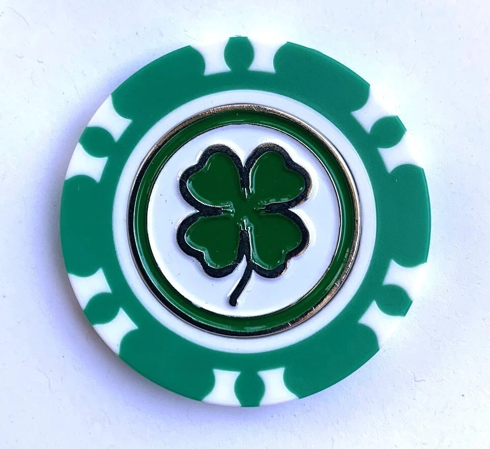 Lucky Irish Clover Shamrock Magnetic Poker Chip with removable Golf Ball Marker