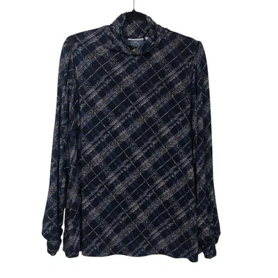 Manga abullonada Susan Graver para mujer tejido líquido a cuadros cuello alto talla 1X azul oficina Foto 1 de 4