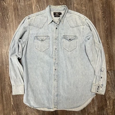 RRL Ralph Lauren Denim Shirt Mens XL Light Wash Western Snap Front Long Sleeve - Image 1 of 4