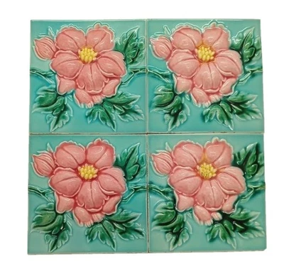 Seltene Vintage 4 Stück schöne Farbe Blumen Design geprägte Fliesen Saji Japan. - Bild 1 von 4