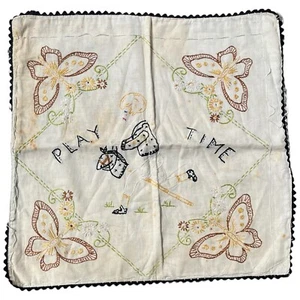 Vintage Hand Embroidered Play Time Pillowcase With Butterflies & Boy Design - Picture 1 of 9