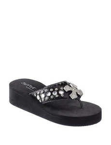 NEW WOMEN'S BLACK OLIVIA FLIP FLOP WEDGE SANDAL RHINESTONES CROSS 5,6,7,8,9,10 - Picture 1 of 12
