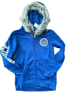 Nwt Justice Logo Faux Fur Trim Zip Up Hoodie Size 8 Royal Blue - Picture 1 of 4