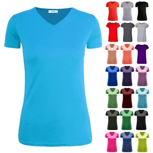 WOMENS LADIES CASUAL CAP SLEEVE PLAIN V NECK BASIC STRETCHY BAGGY JERSEY T SHIRT - Picture 1 of 21