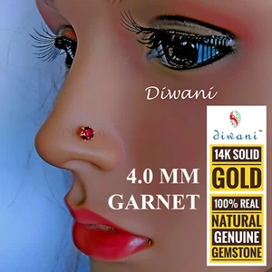 4.0mm Natural Garnet Gemstone Wedding 14k Gold Nose Pin Body Piercing Stud Ring - Picture 1 of 12