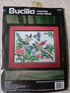 Bucilla BIRD BATH Counted Cross Stitch Kit Songbirds Flowers 13x10 40863 NIP - Picture 1 of 6