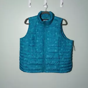 Lands' End Puffer Vest size 2X, NEW $130 Goose Down Fill 600 Teal Green Floral - Picture 1 of 12