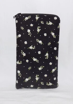 Hand-Made Black w/White-Multi Floral Print Double Pocket Glasses Case Zip Pouch - Image 1 of 4