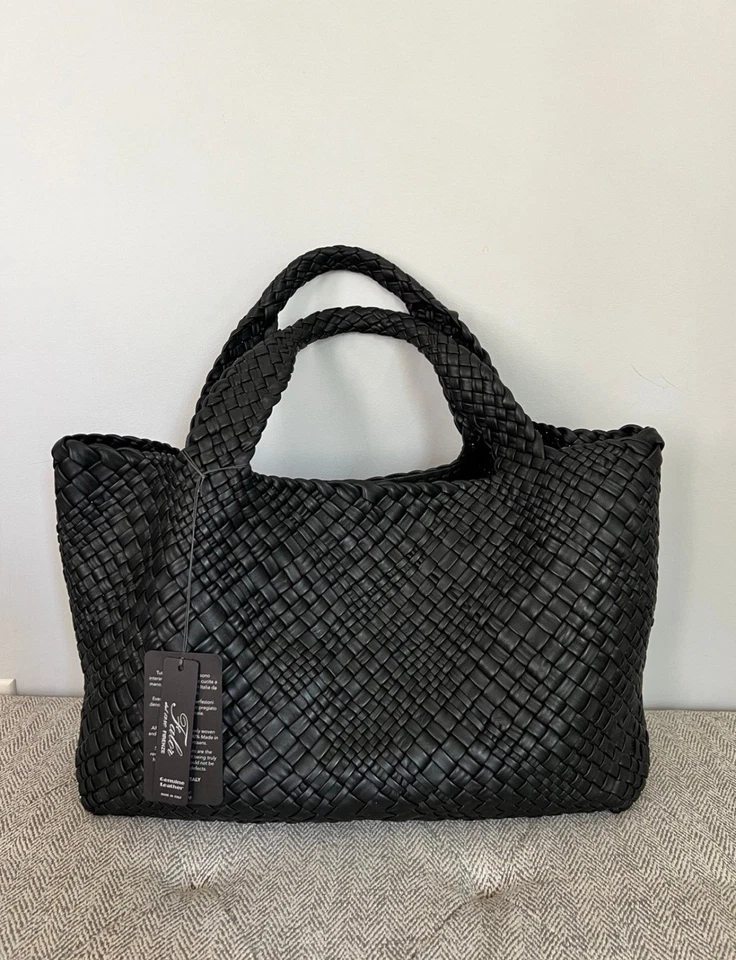 FALOR Black Italian Woven Soft Leather XL Tote Shoulder Bag Purse Style F3026