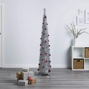 LED Christmas Tree 6ft Silver Pop Up Slim Pre Lit Ice White Baubles Artificial - Picture 1 of 6